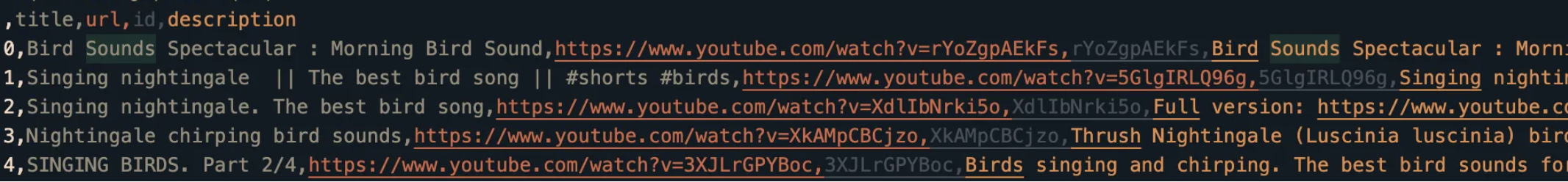 CSV file listing bird sound videos with title, url, id and description columns